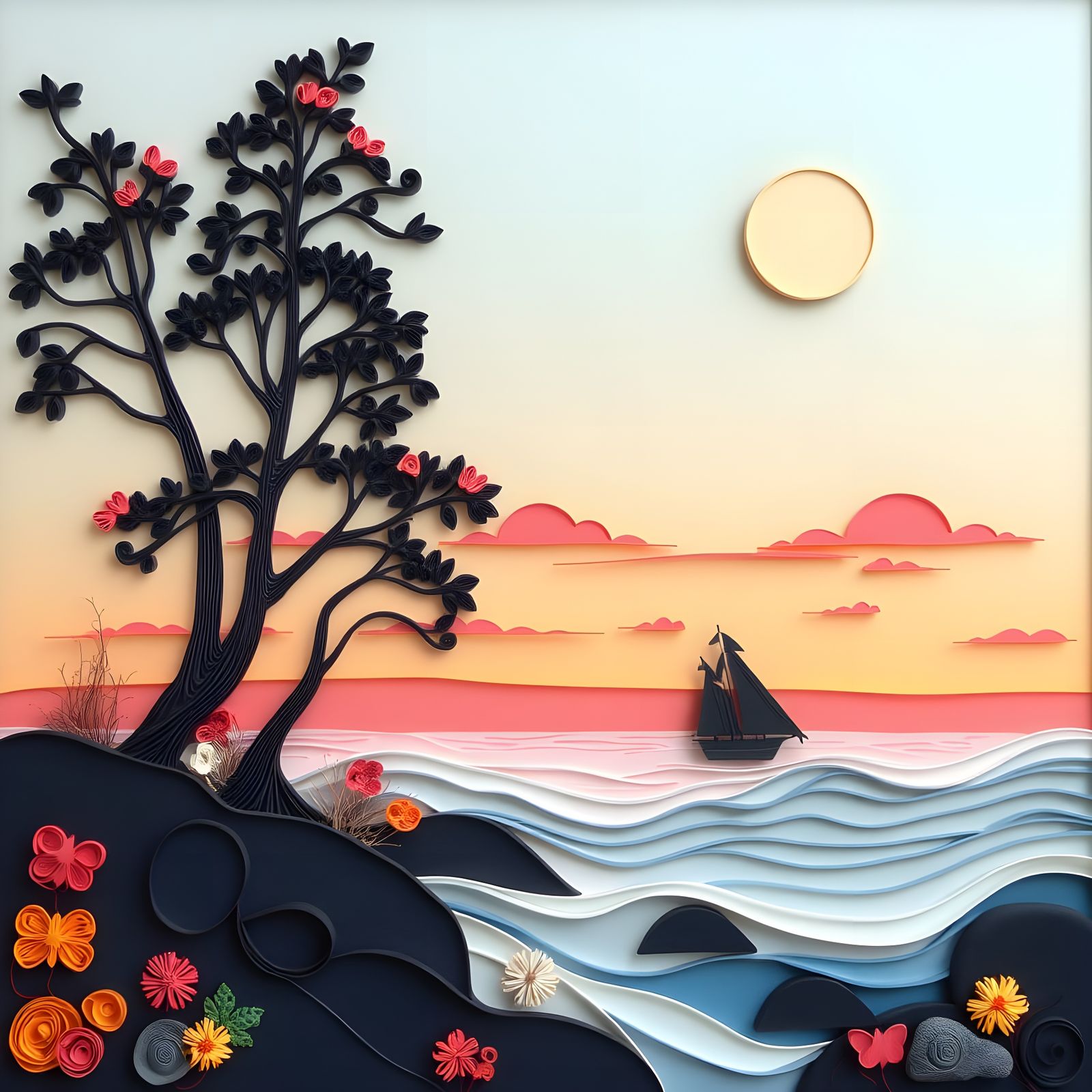 Pastel Seascape in Smooth Paper-Cut Quilling Style