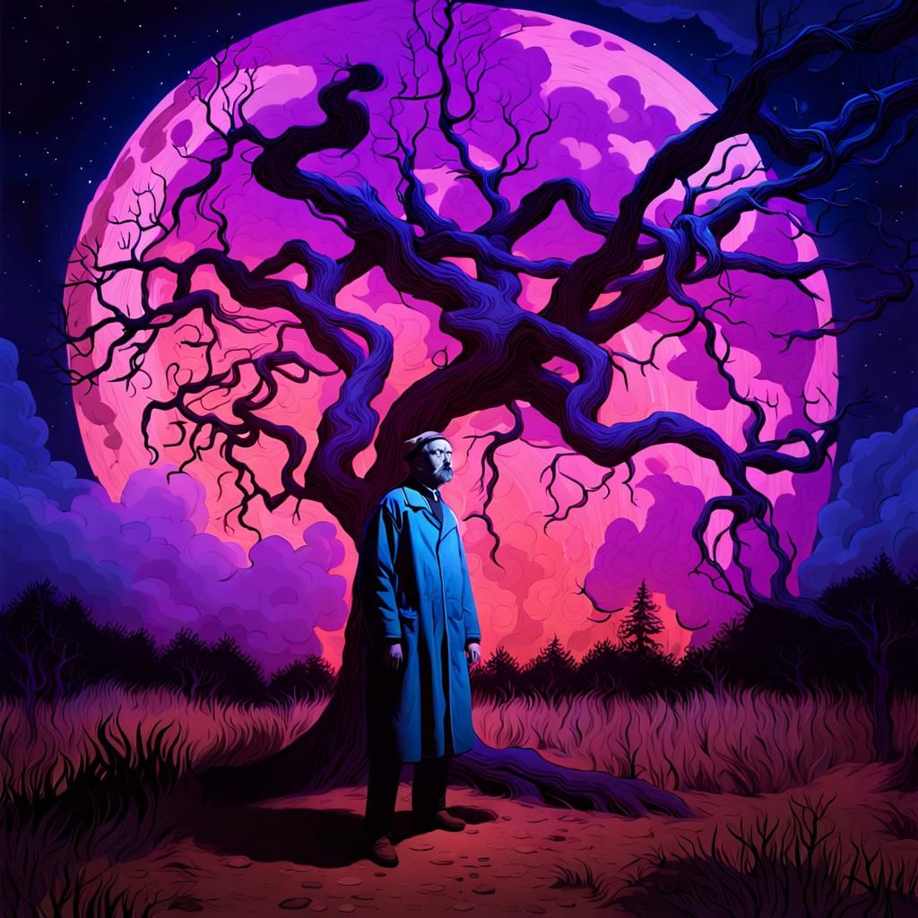 Surreal Figure in Moonlit Landscape as Impasto Painting
