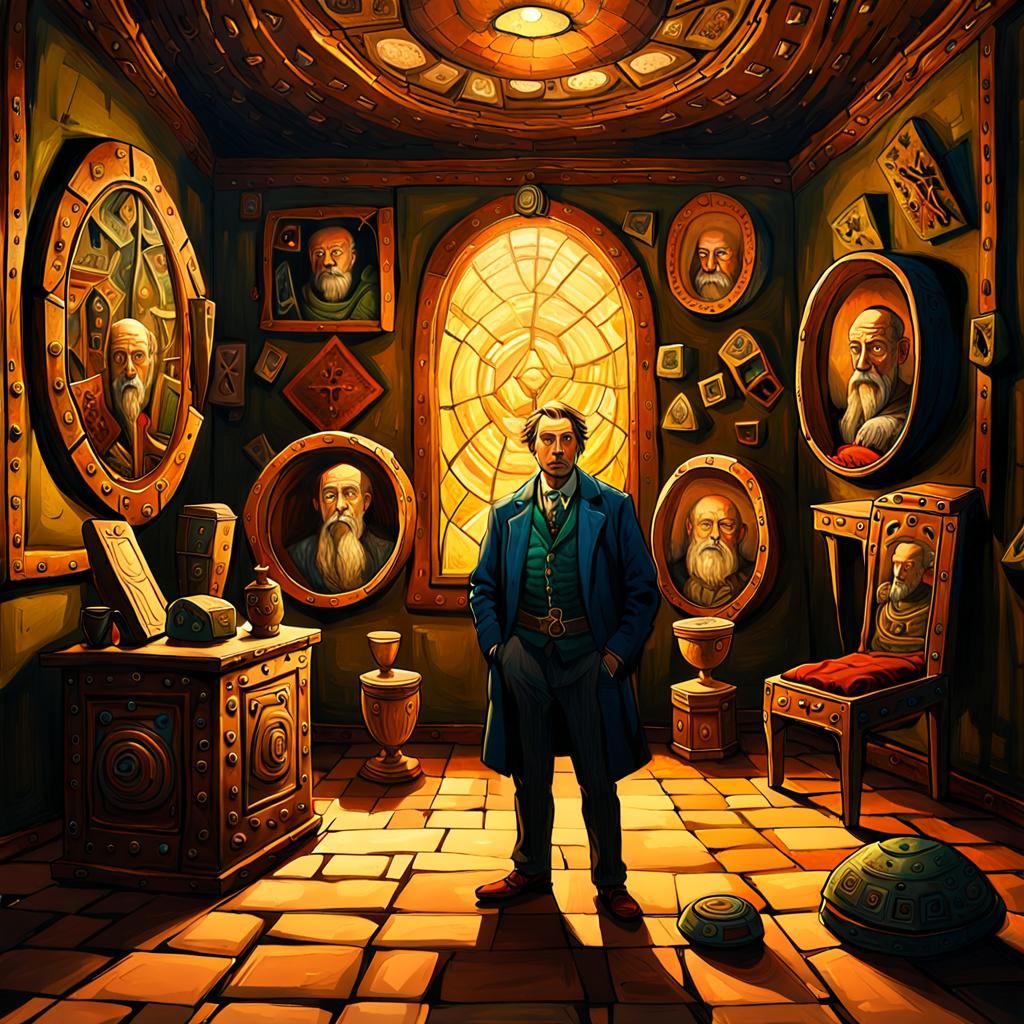 Surreal Portrait in Dimly Lit Chamber with Artifacts