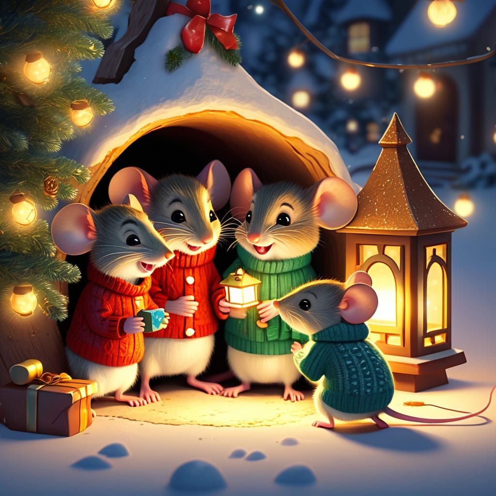Mouse Family Decorating Christmas Tree: Whimsical Illustrati...