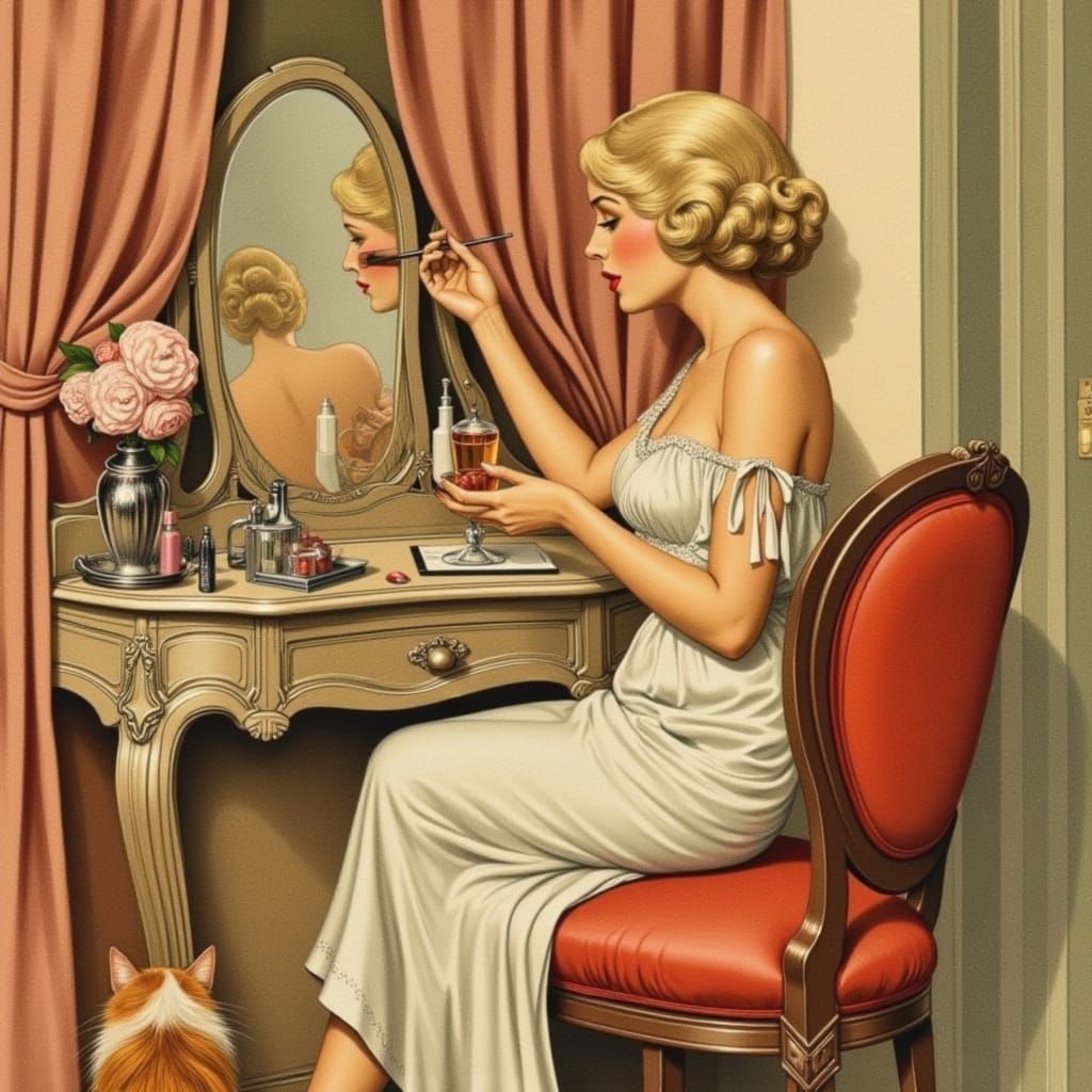 Elegant Woman Applying Makeup in Art Deco Bedroom