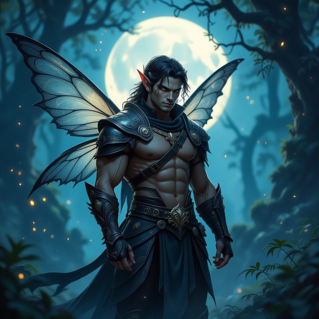 Muscular Male Fairy in Leather Armor in Moonlit Forest