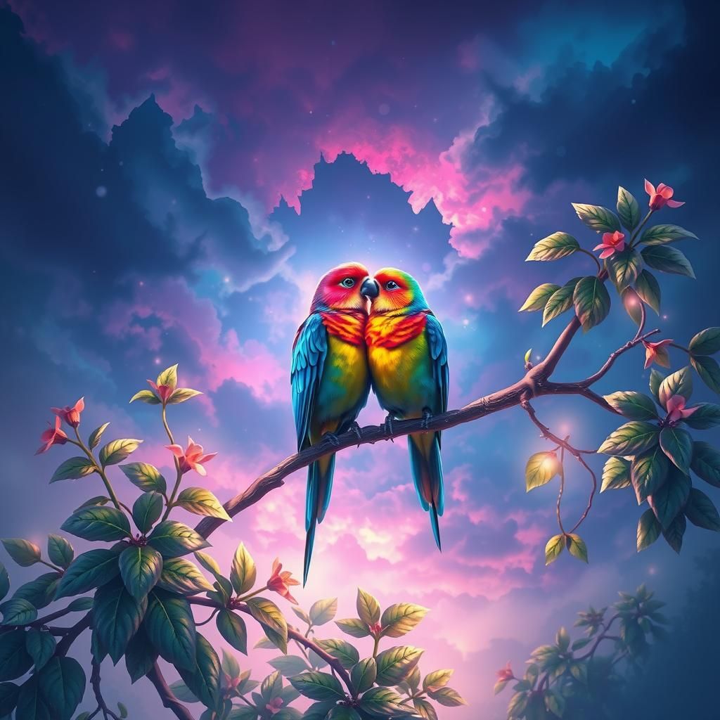 Iridescent Love Birds on a Glowing Branch