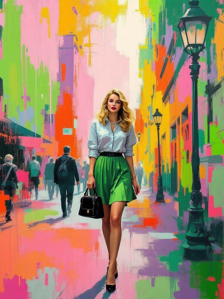 Impasto Pin-Up Woman in Neon Cityscape