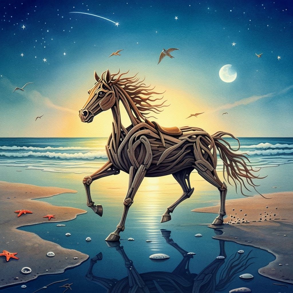 Vintage Driftwood Horse Gallops on Sunrise Beach