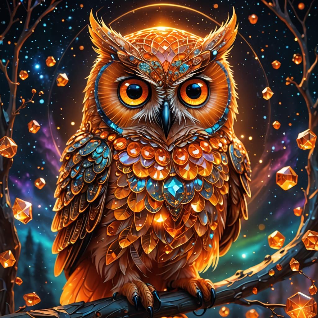 Magical Orange Gem Owl with Cosmic Aurora