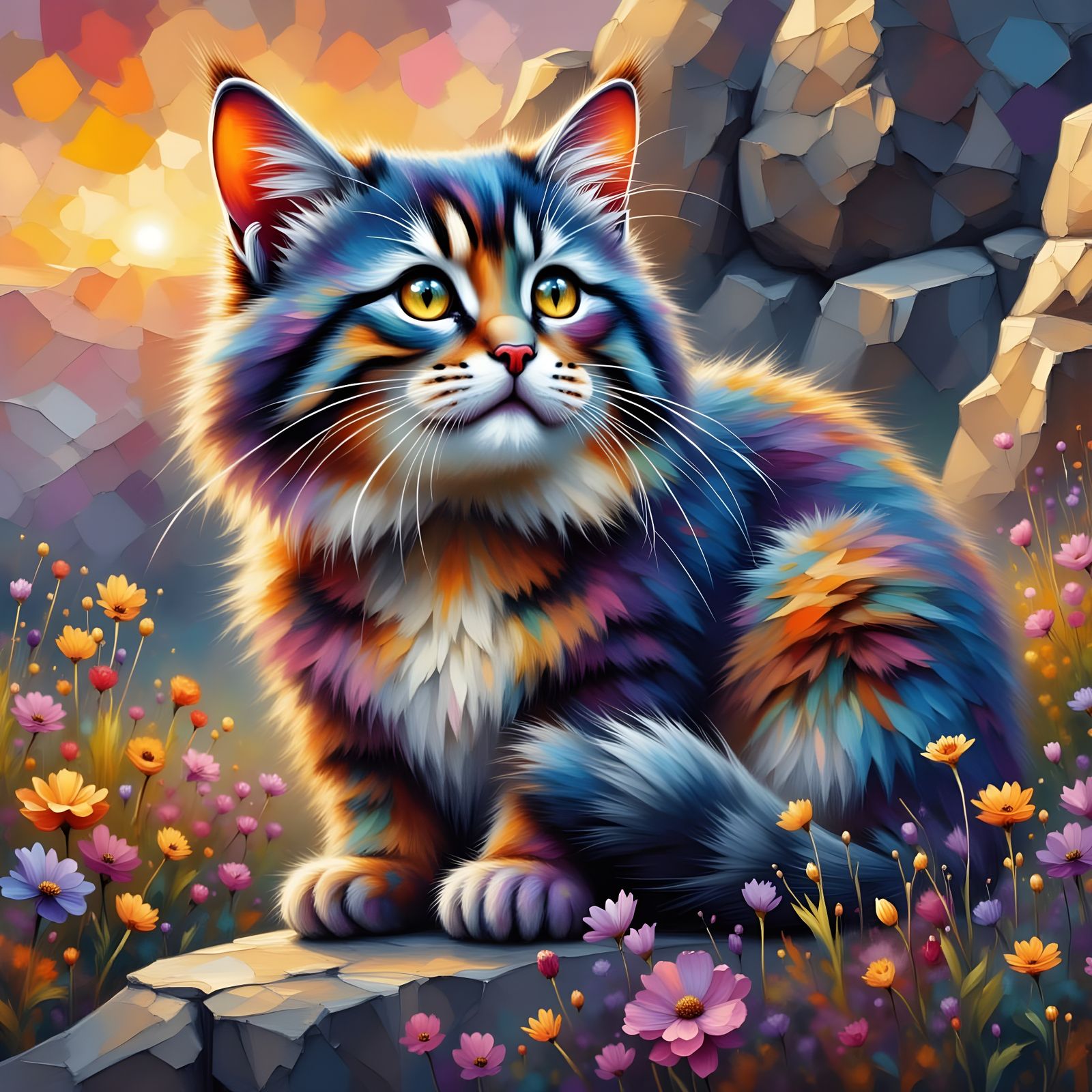 Happy Pallas Cat Impasto Painting in Sunset Light