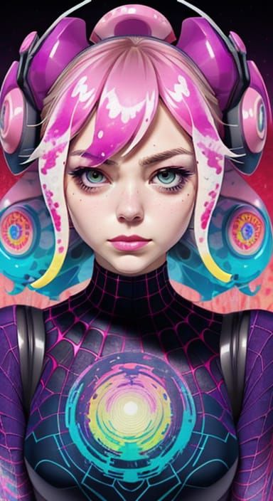 Surreal Anime Portrait of a Lady in a Vibrant, Symmetrical W...