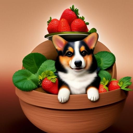 Corgi Puppy in Fruit Bowl: Detailed Matte Painting