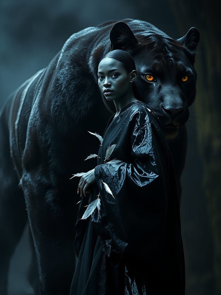 Mystical Dark Sorceress Stands Beside Majestic Black Panther...