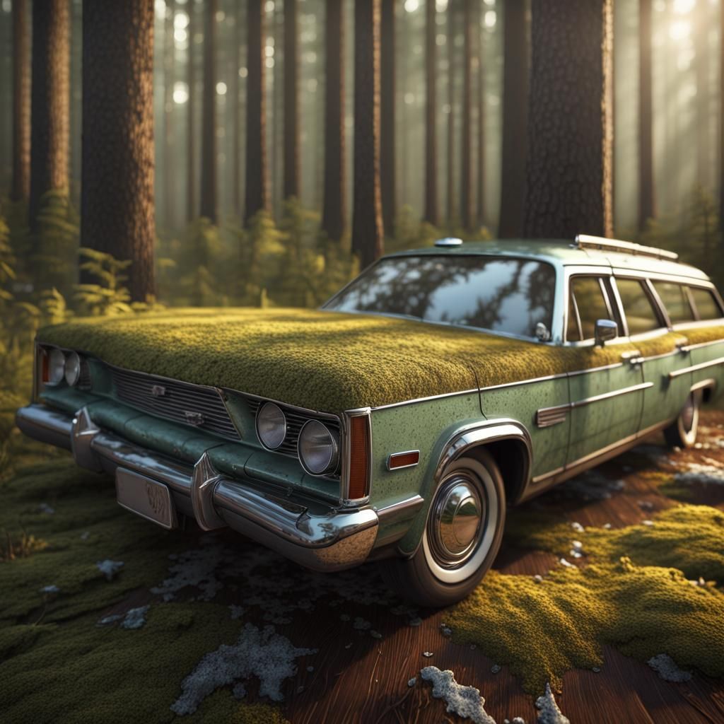 Old station wagon forgotten in a forest