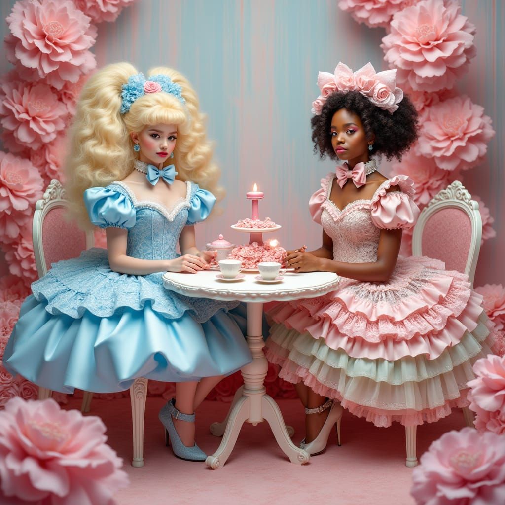 Sissy Women Enjoy Whimsical Tea Party in Pastel Pink