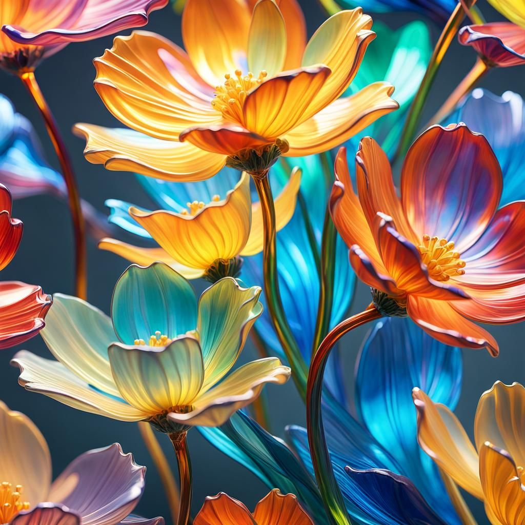 Glass Flowers in Enamel with Iridescent Colors