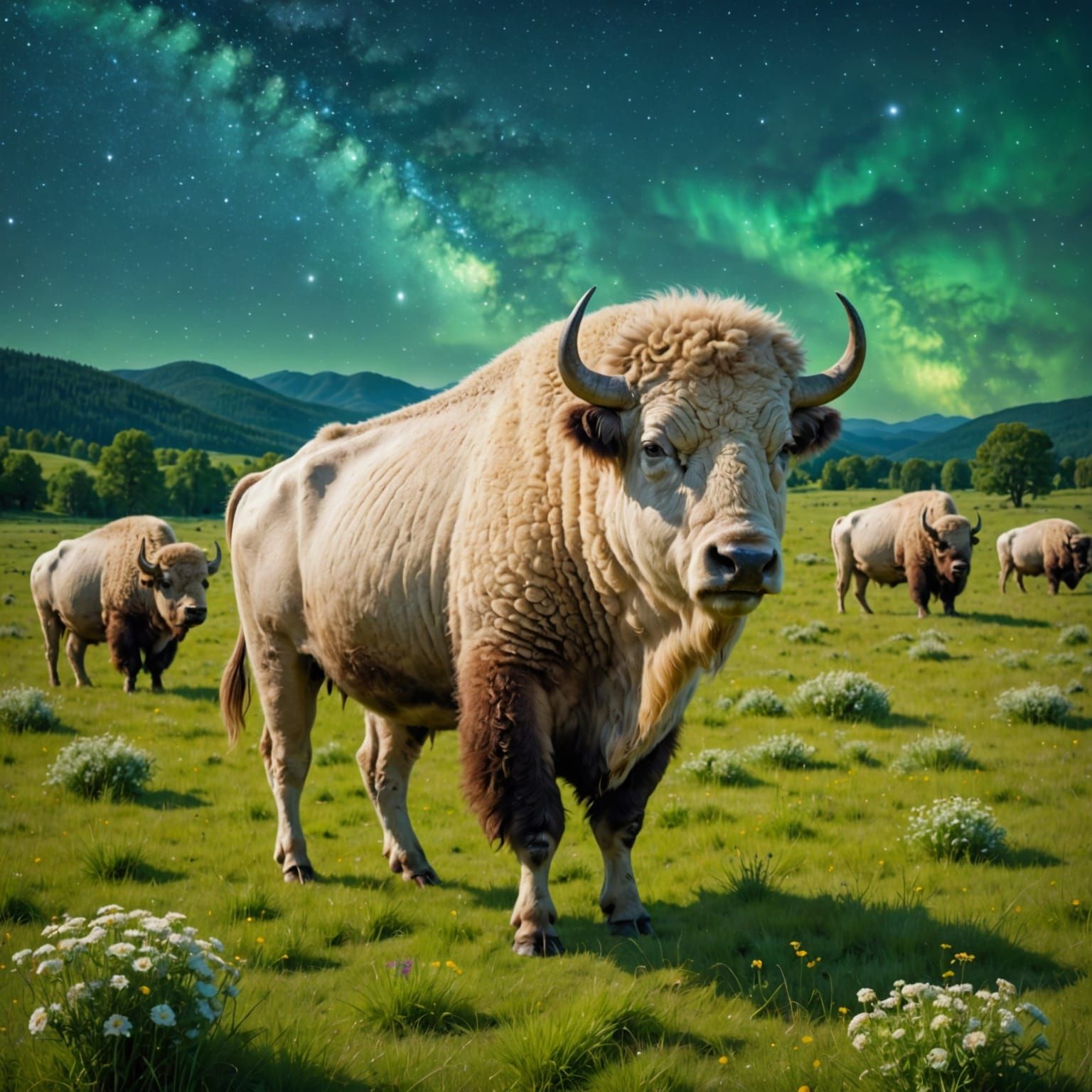 White Bison Grazing Under a Starry Nebula