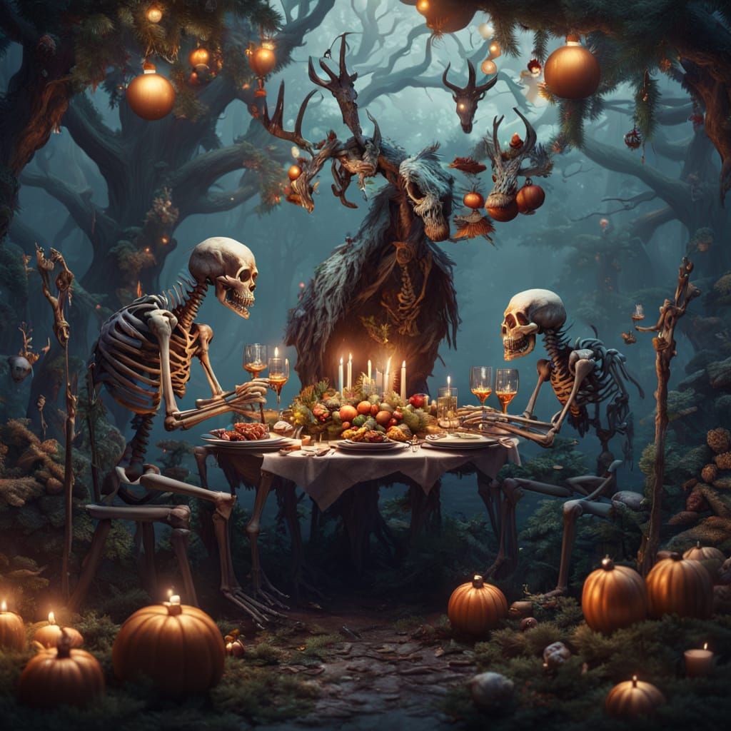 Forest skeleton animals having Christmas Dinner together