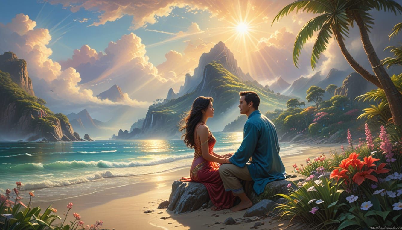 Ethereal Beach Scene with Mountains and Tropical Flora
