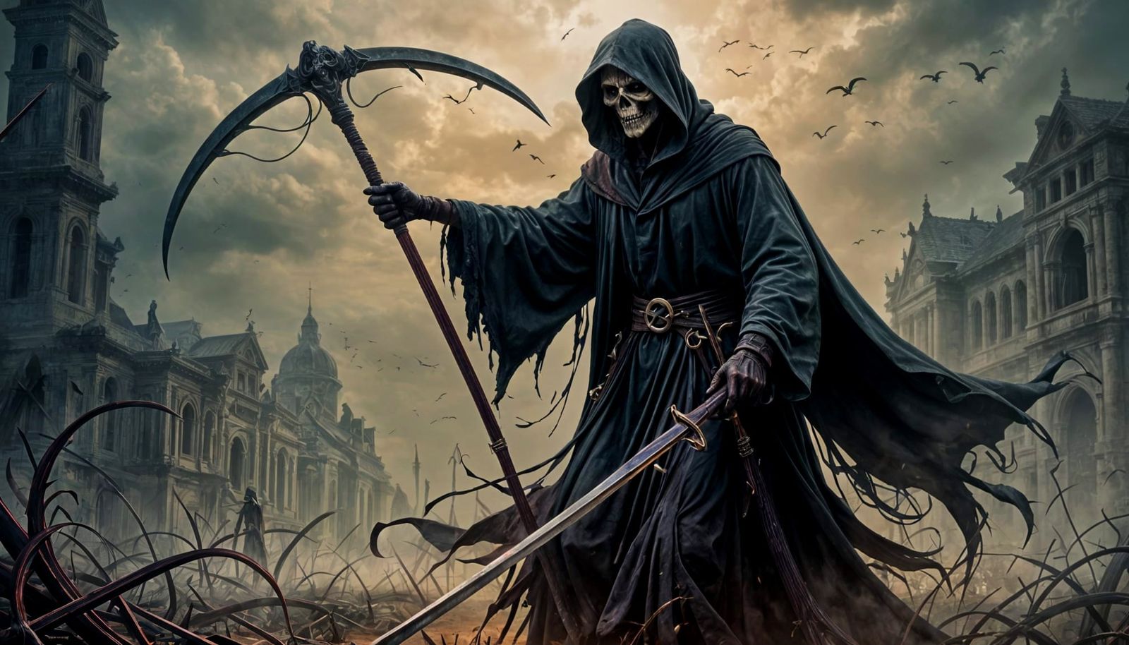 Dramatic Grim Reaper in Sfumato Style
