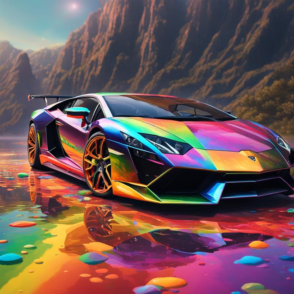 Rainbow Lamborghini Hyperrealistic Splash Art Concept