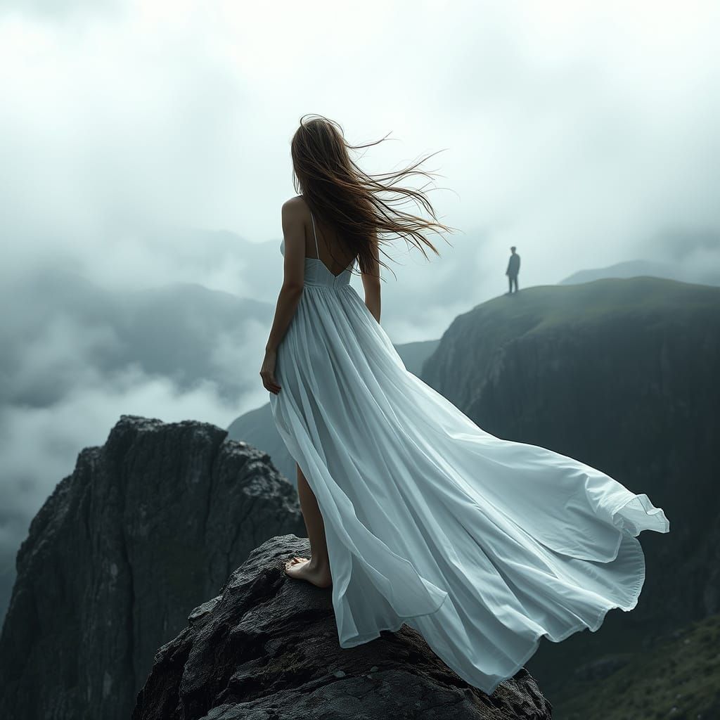 Ethereal Goddess on a Windswept Cliff in a Mystical Realm