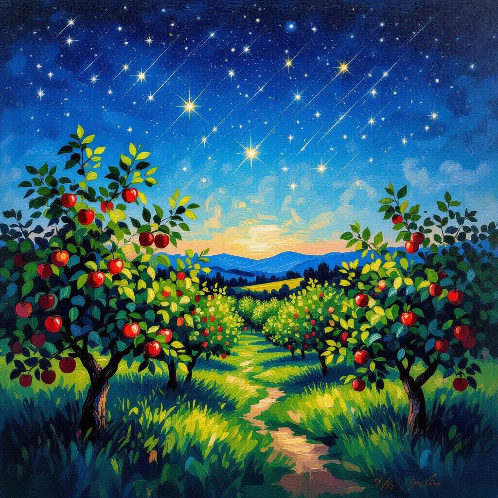 Apple Orchard at Night with Perseid Meteor Shower