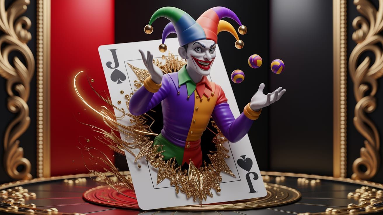 Jester Juggles From Joker Card in Surreal 3D Scene