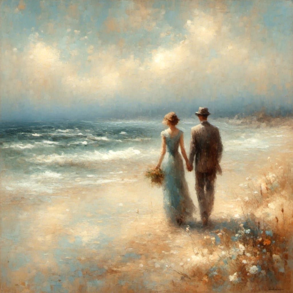 Romantic Couple on Beach in Impressionistic Style