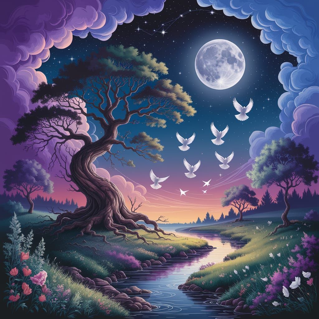 Mystical Night: Ancient Tree Reaching for the Moon