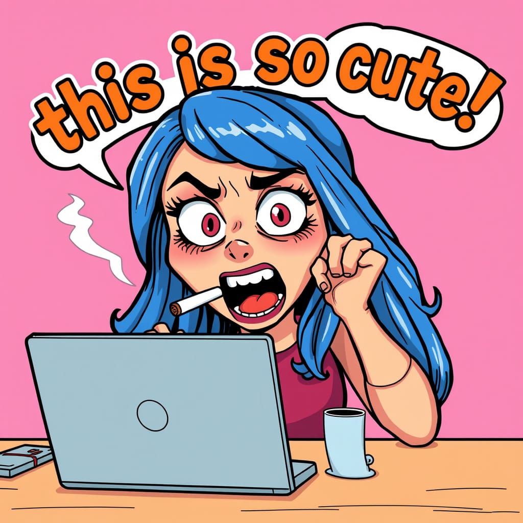 A cartoon woman style of R. CRUMB  with long blue hair at a laptop, frightened, with a cigarettes clenched between her t...