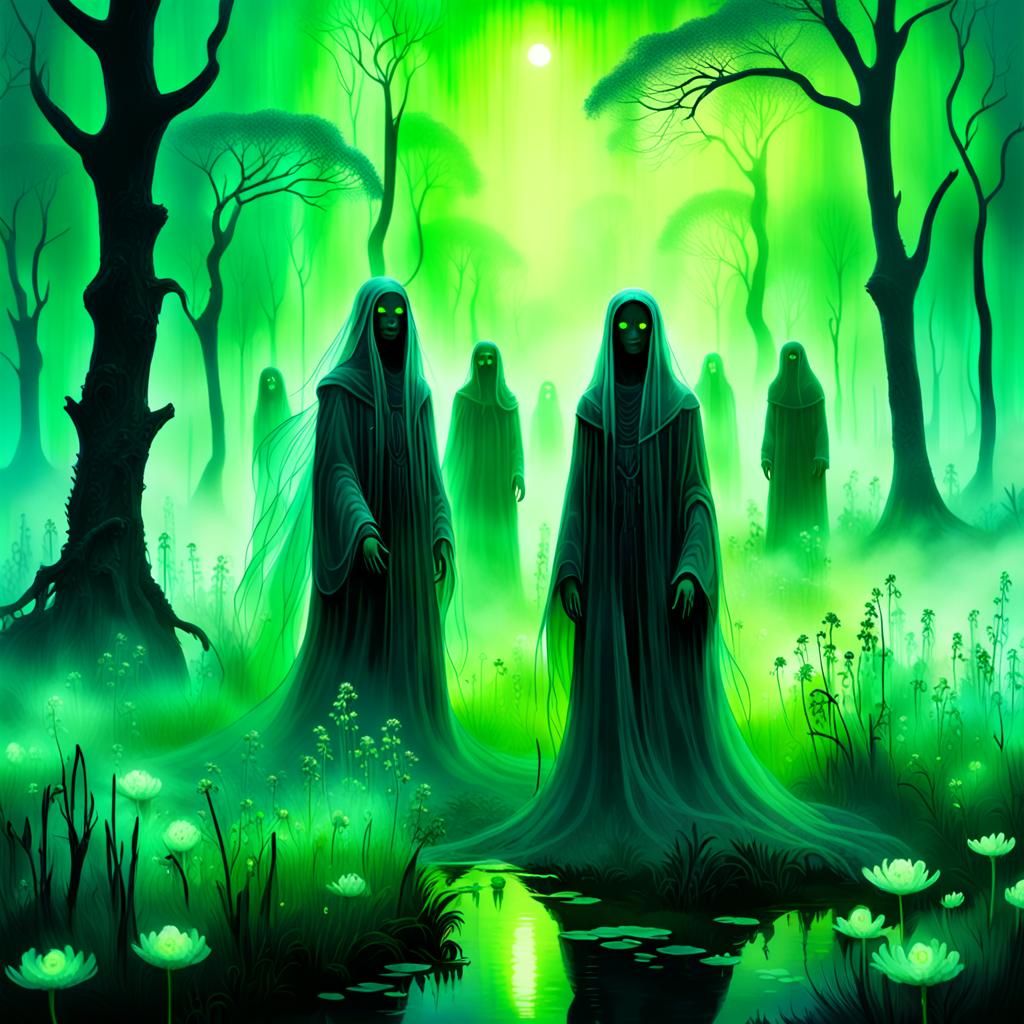 Ghostly Figures in a Field of Glowing Green Flowers