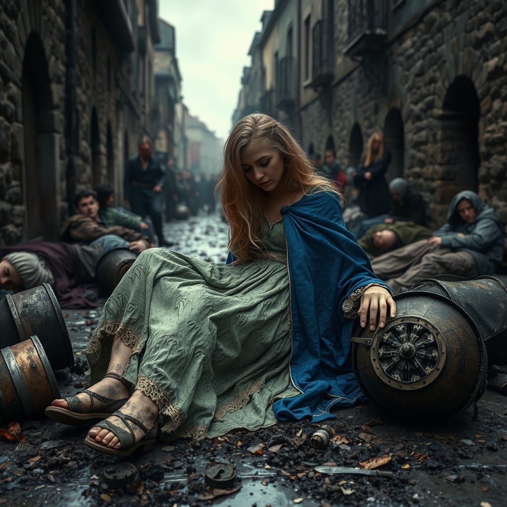 Medieval Woman Collapses Amidst Darkened City Streets in a T...