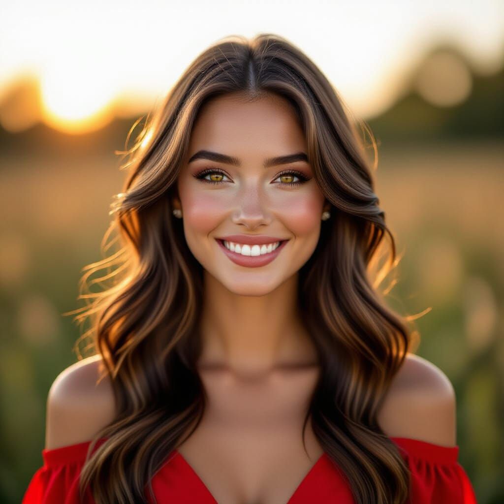 Smiling Woman with Red Eyes and Lush Brown Hair
