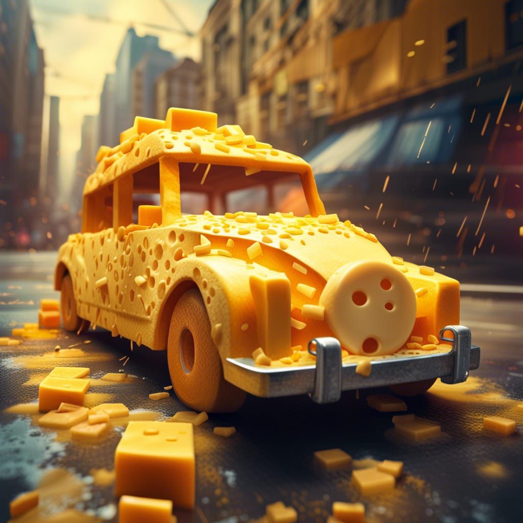 Hyperrealistic Cheese Car in Cheese City