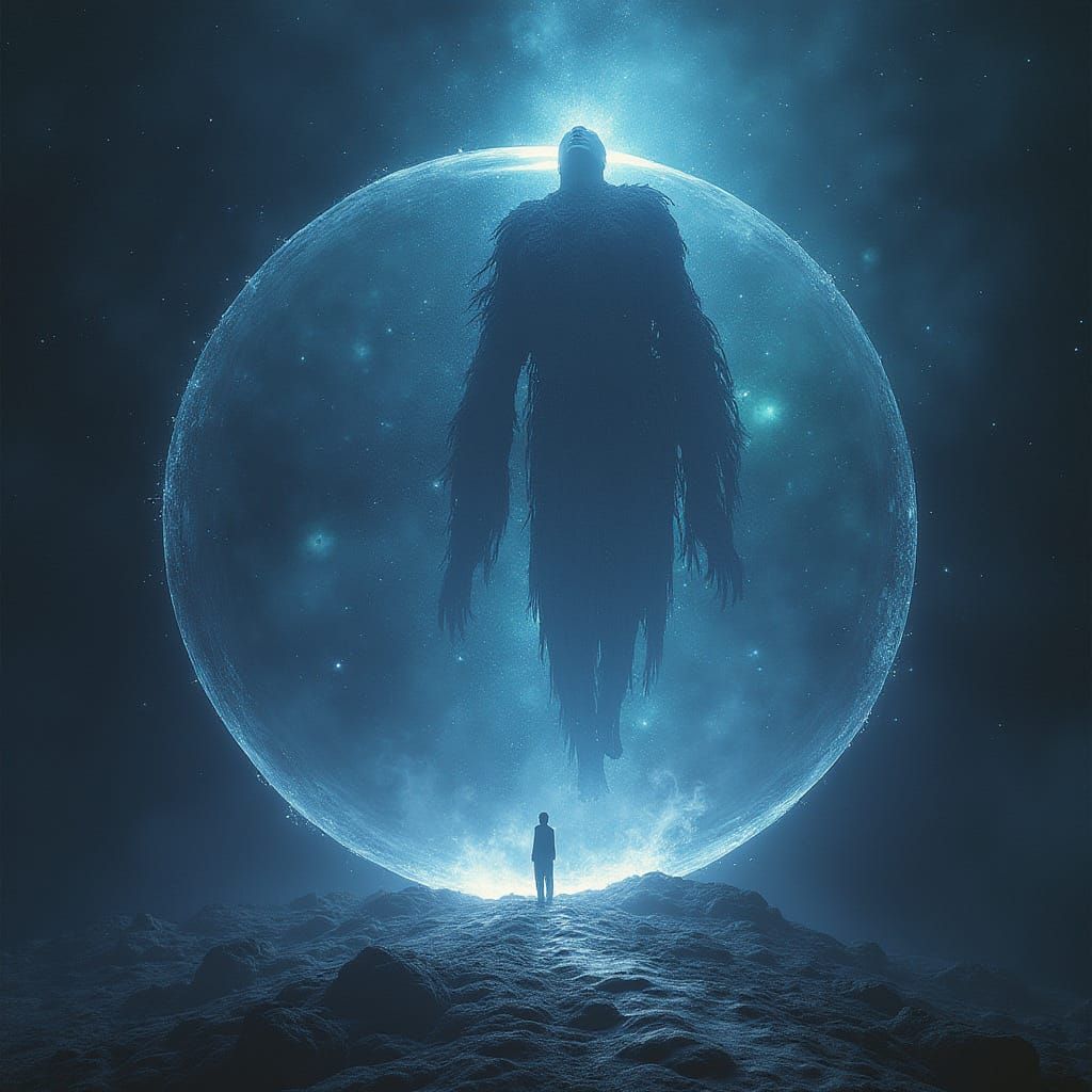 Cosmic Entity Observes Human in Time Sphere