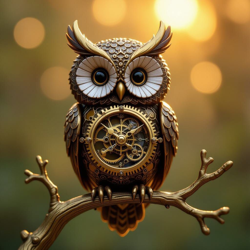 Clockwork Owl Perched on Brass Branch