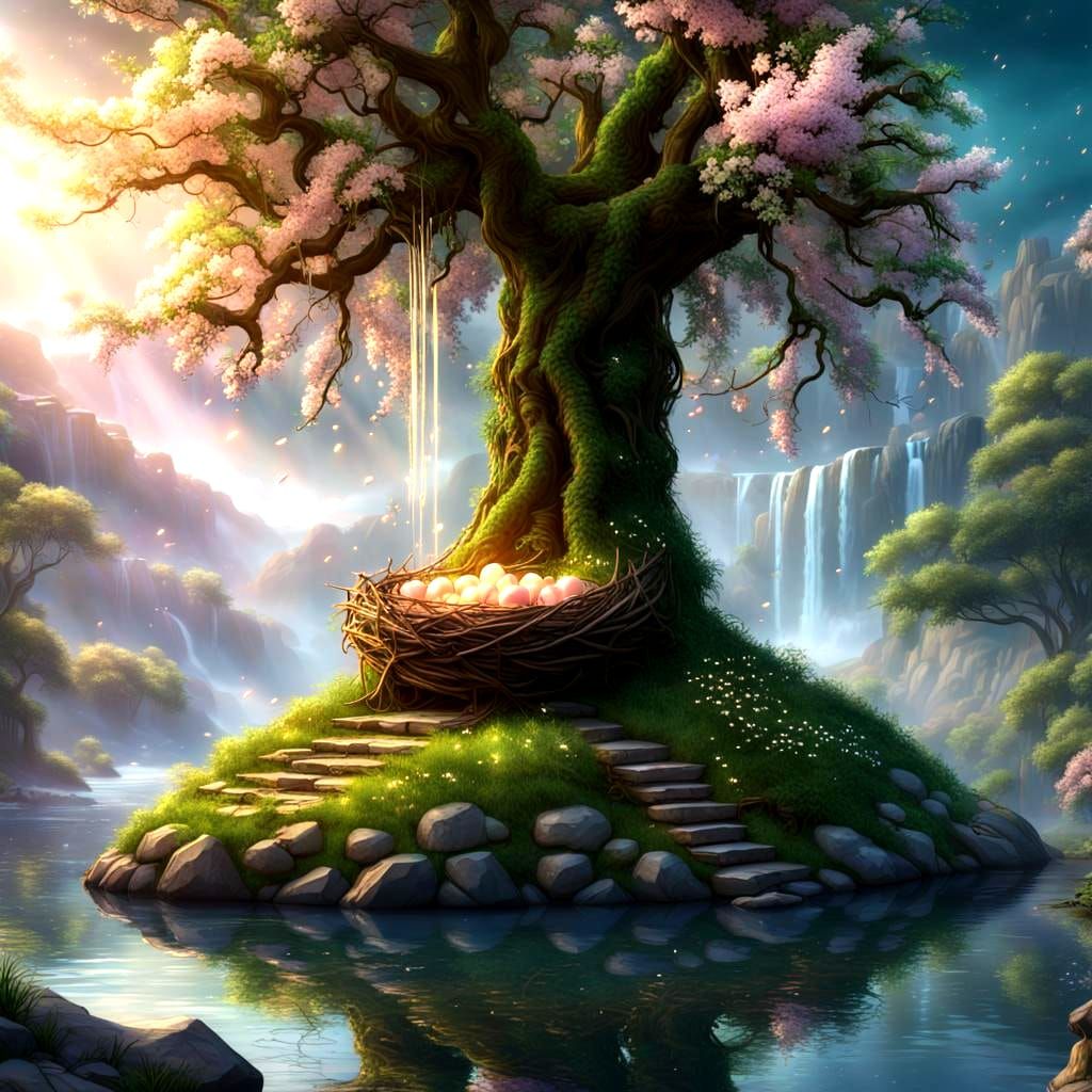 Cherry Tree with Bird Nests in Fantasy Landscape