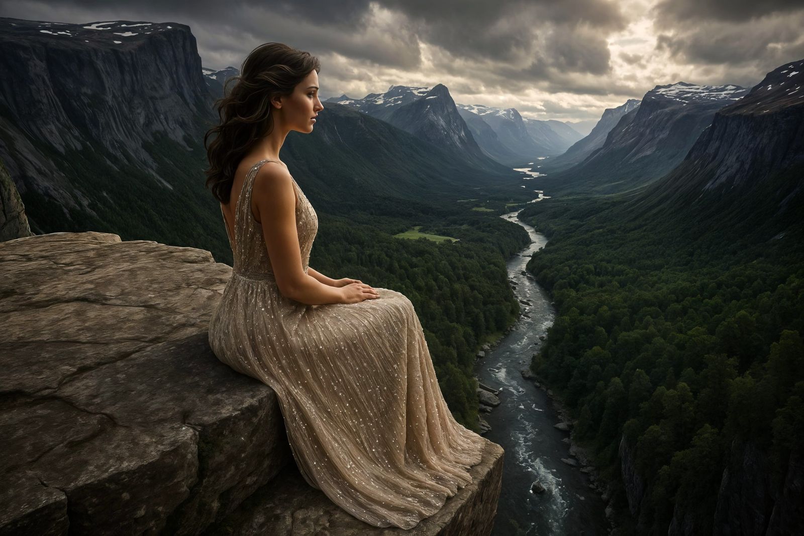 Woman in Gown on Cliff Edge: Photorealistic Landscape