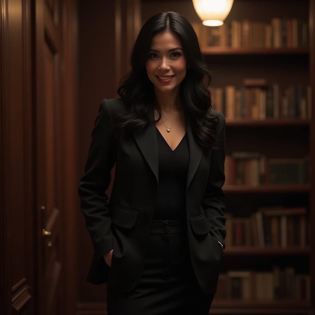 Asian American Woman in Business Suit at Mansion