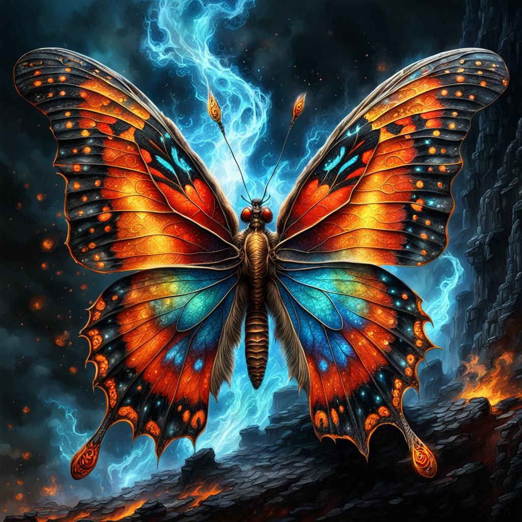 Fire Butterfly Naive Illustration in Detailed Oil Painting