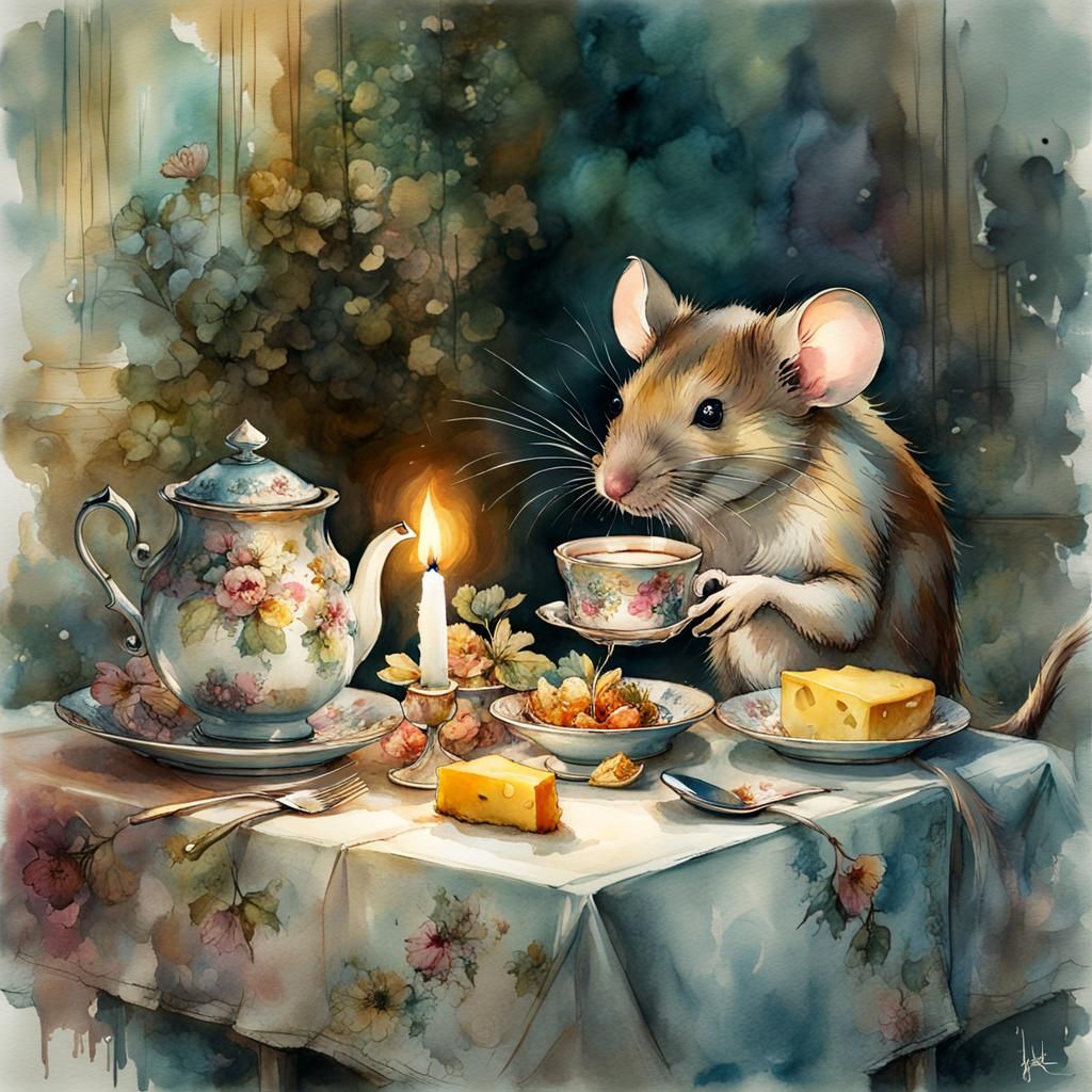 Mouse Sipping Tea: A Digital Watercolor Fantasy