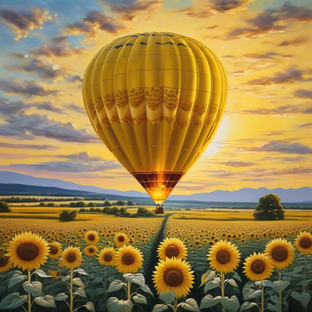 Hot Air Balloon Flight Over Sunflower Field at Sunset