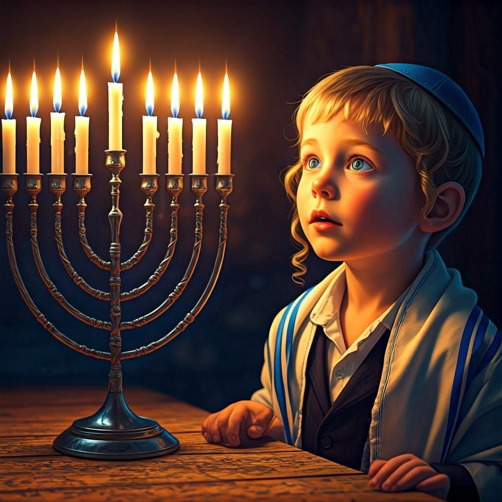 Boy in Awe of Chanukah Menorah, Illuminated Manuscript Style