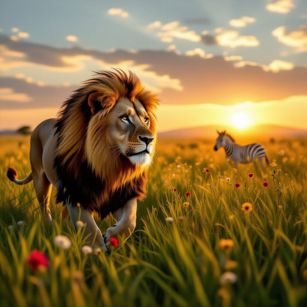 Majestic Lion Hunting at Golden Hour