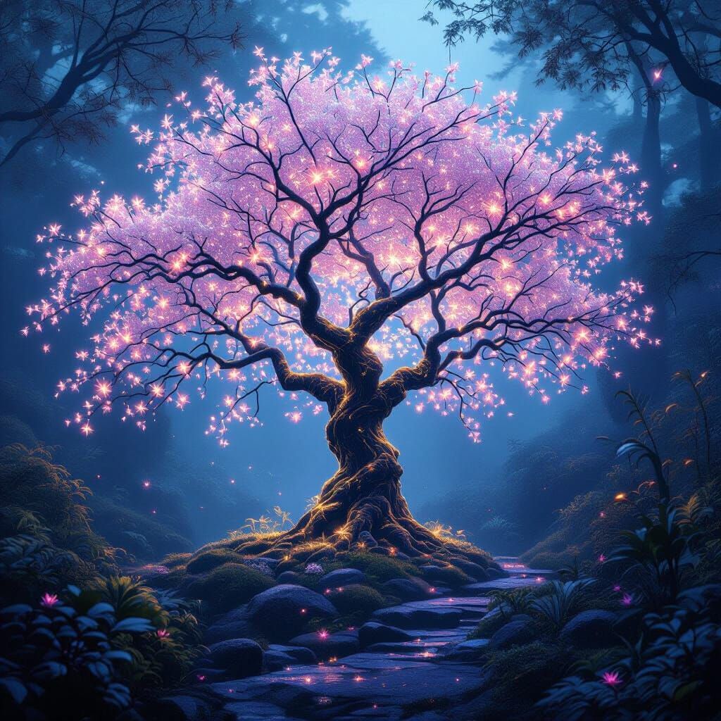 Bioluminescent Sakura Tree in Misty Grove, Art Nouveau Style