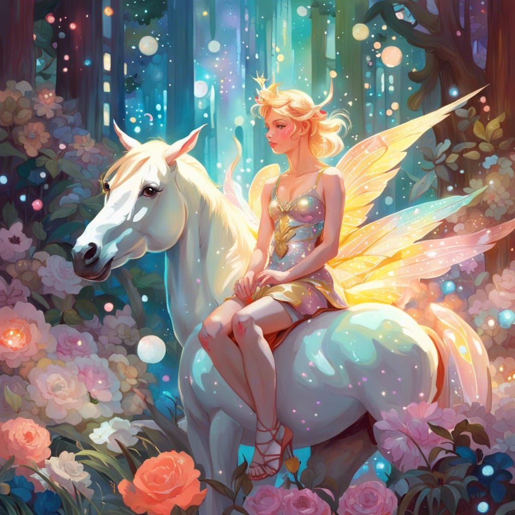 Fairy and Unicorn in Magical Forest, Fantasy Art