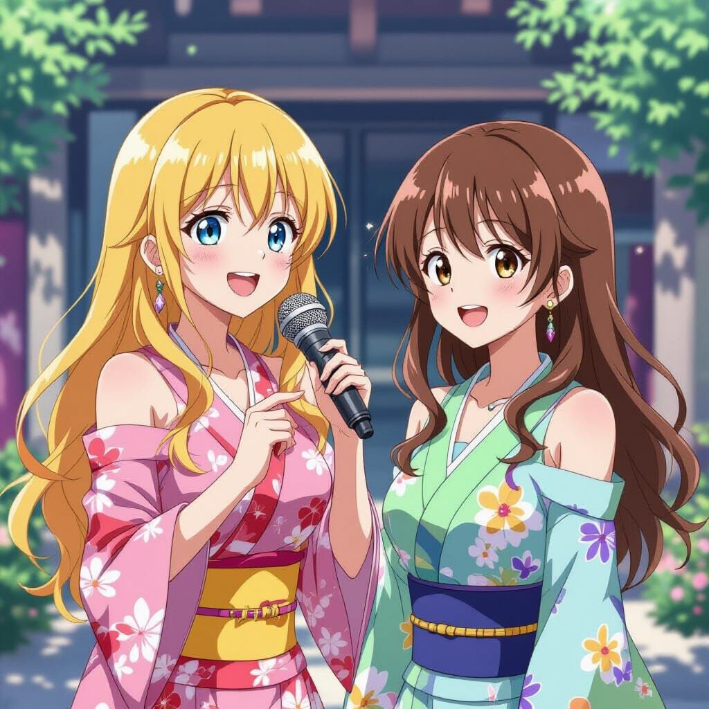 Anime Girls Singing in Vibrant Pastel Colors