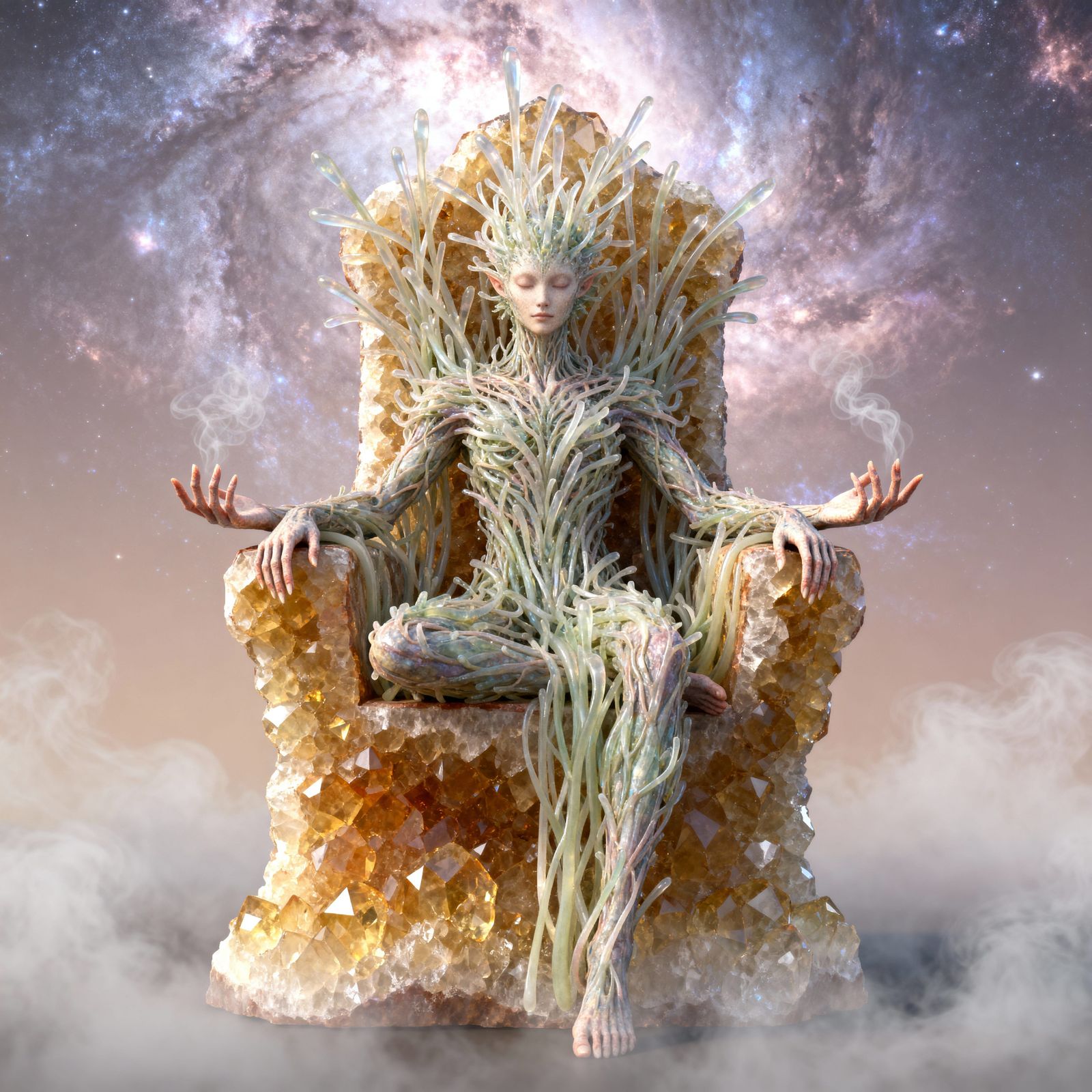 Mystical Plant Creature on Geode Throne in Nebula