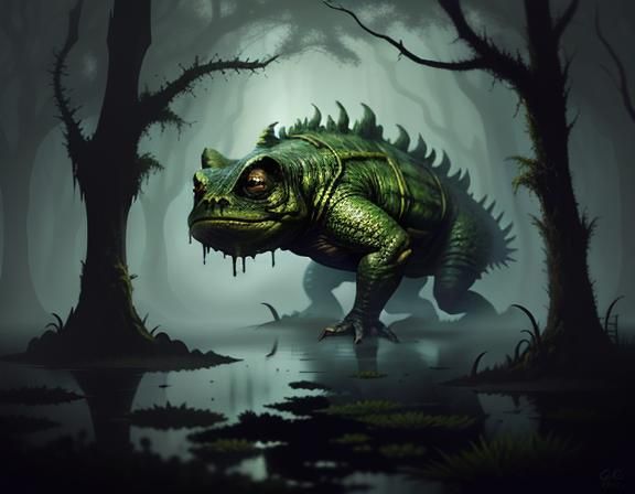 Bullywug Lurking in Misty Swamp: Dark Fantasy Art