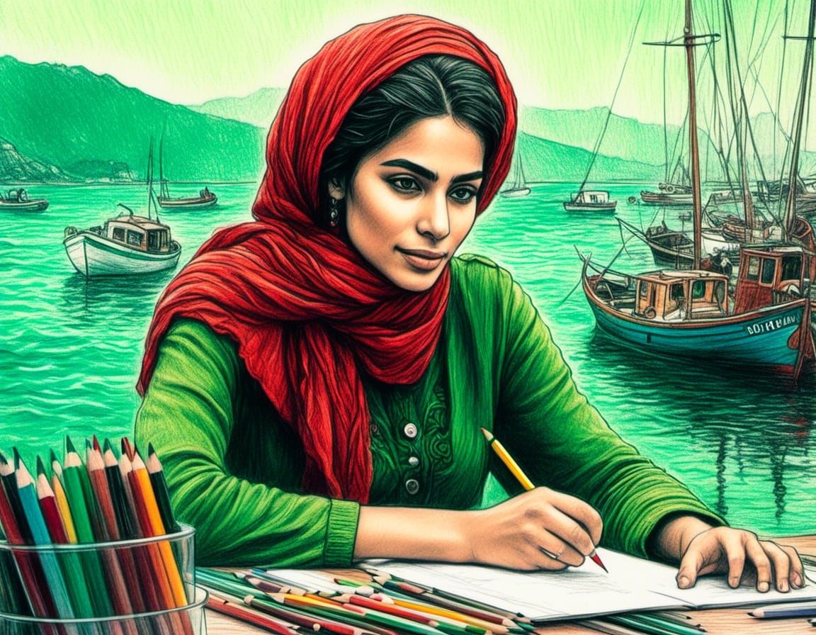 Palestinian Woman in Colored Pencil by the Sea