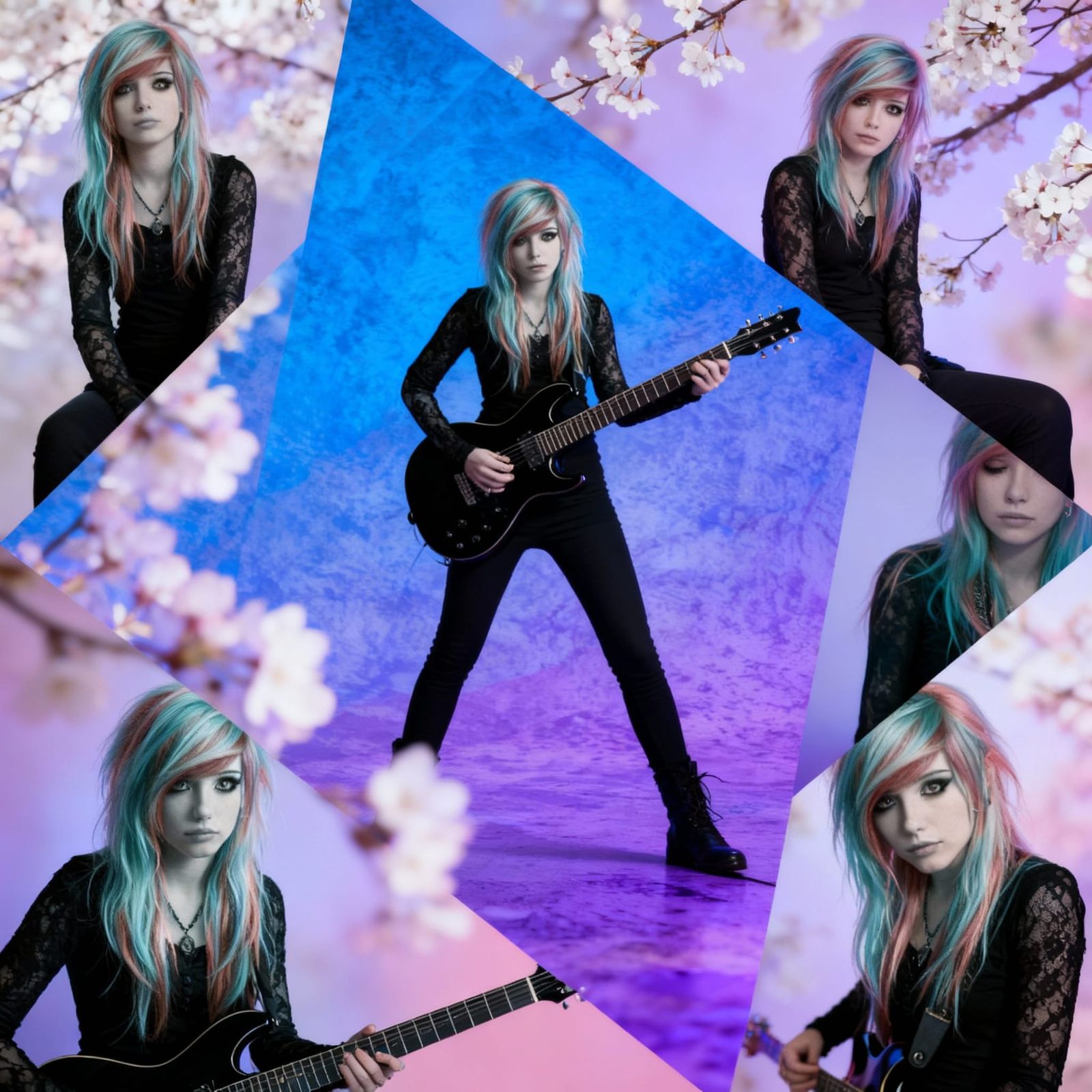 Woman Performing with Electric Guitar in Collage Style