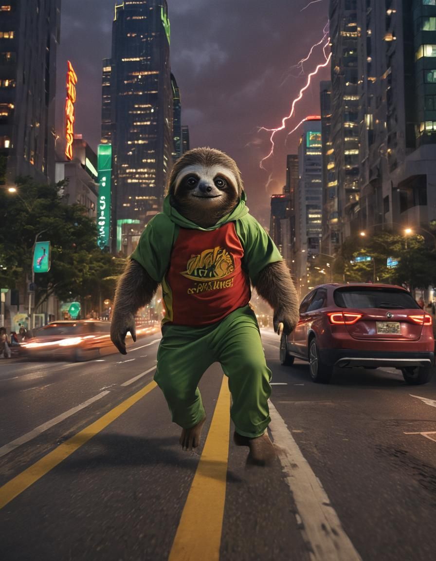 Superpowered Sloth Saves Child in Cityscape